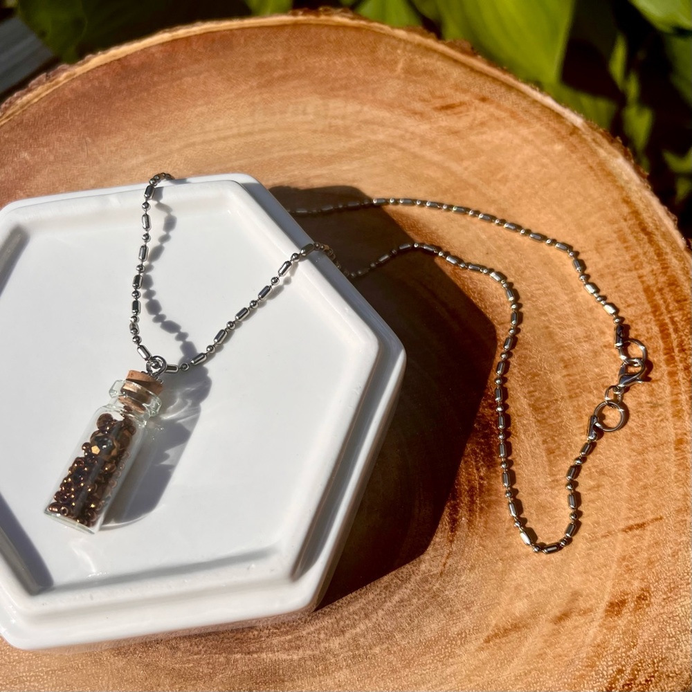 Glass Bottle Pendant Necklace with Brown Crystal Beads 18” Silver Tone Chain